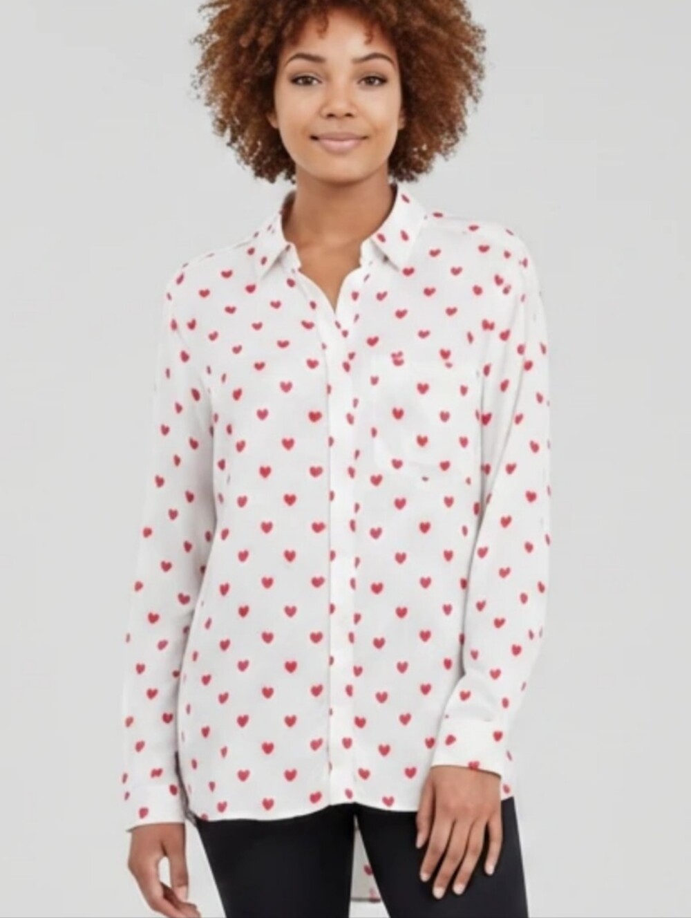 Women beach lunchlounge White Button-Up Shirt with Red Heart Printwomen